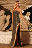 Sparkly Black and Golden Sheath Beaded Strapless Long Prom Dress with Slit