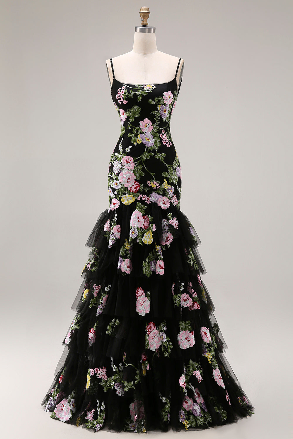 Zapakasa Women Floral Black and Pink Long Prom Dress with Ruffles