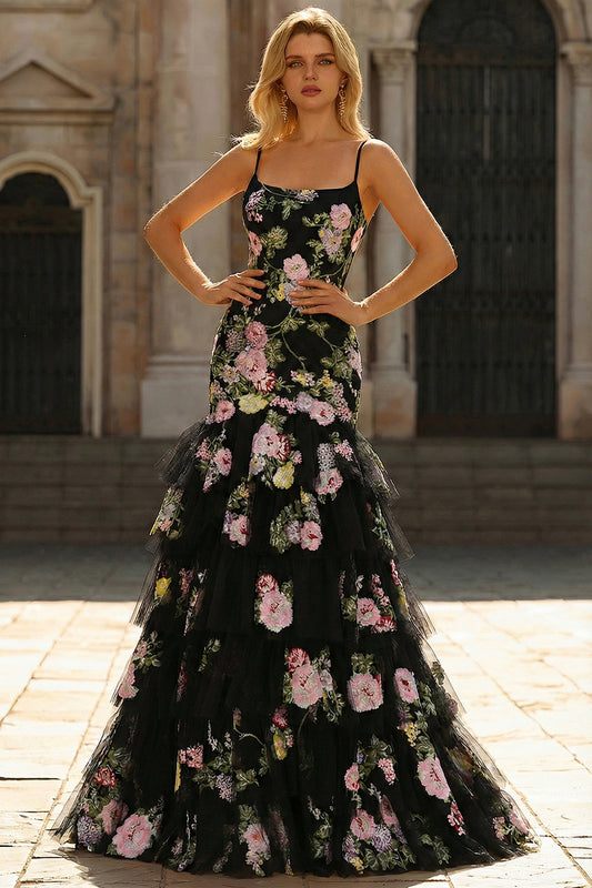 Floral Black and Pink Mermaid Ruffled Long Prom Dress