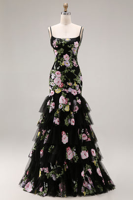 Floral Black and Pink Mermaid Long Prom Dress with Ruffles