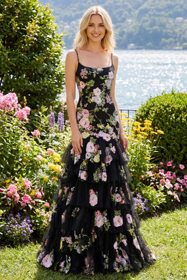 Floral Black and Pink Mermaid Ruffled Long Prom Dress