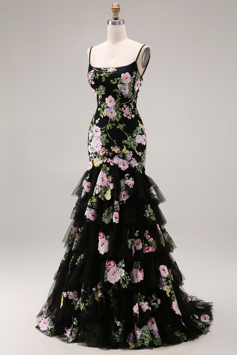 Floral Black and Pink Mermaid Long Prom Dress with Ruffles