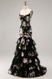 Floral Black and Pink Mermaid Long Prom Dress with Ruffles