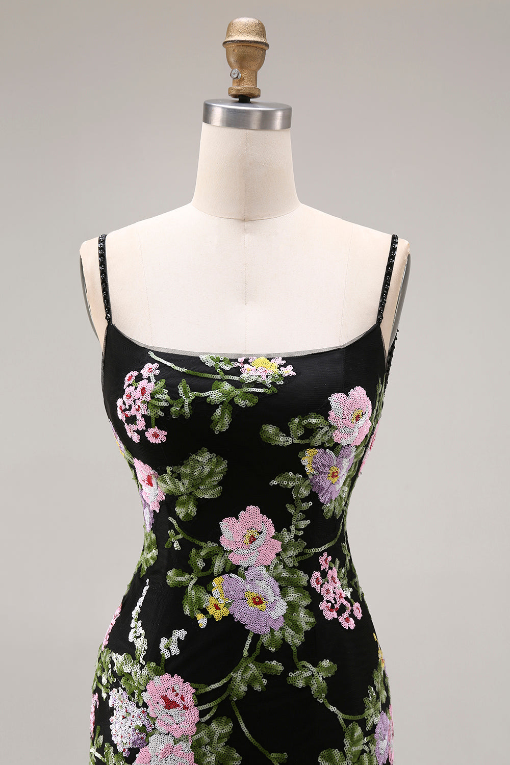 Floral Black and Pink Mermaid Long Prom Dress with Ruffles