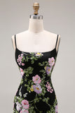 Floral Black and Pink Mermaid Long Prom Dress with Ruffles