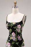 Floral Black and Pink Mermaid Long Prom Dress with Ruffles
