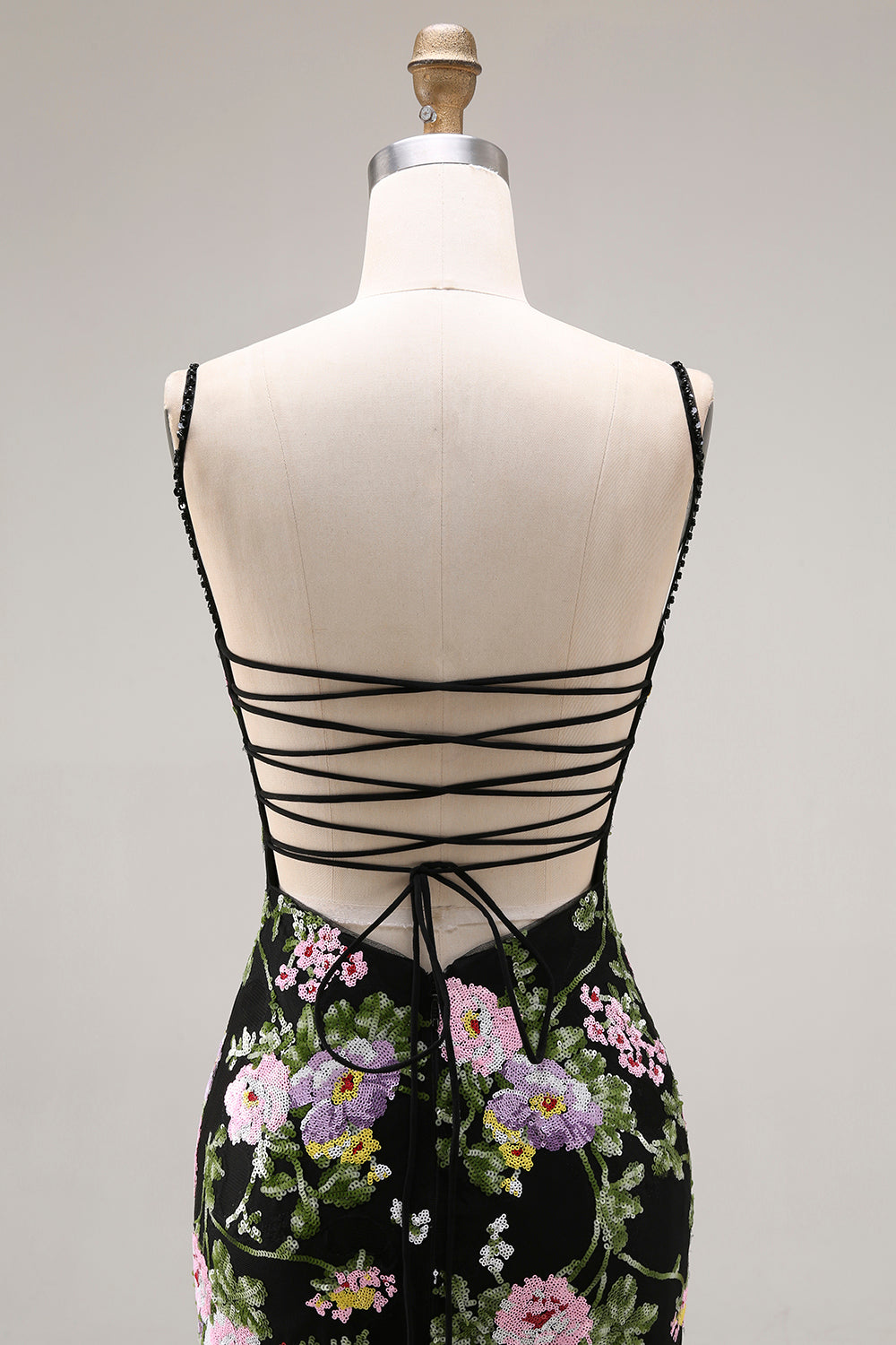 Floral Black and Pink Mermaid Long Prom Dress with Ruffles