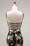Floral Black and Pink Mermaid Long Prom Dress with Ruffles