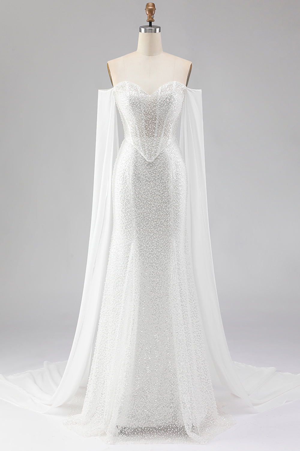 Sparkly White Mermaid Beaded Off the Shoulder Long Corset Prom Dress