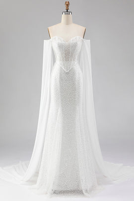 Sparkly White Mermaid Beaded Off the Shoulder Long Corset Prom Dress