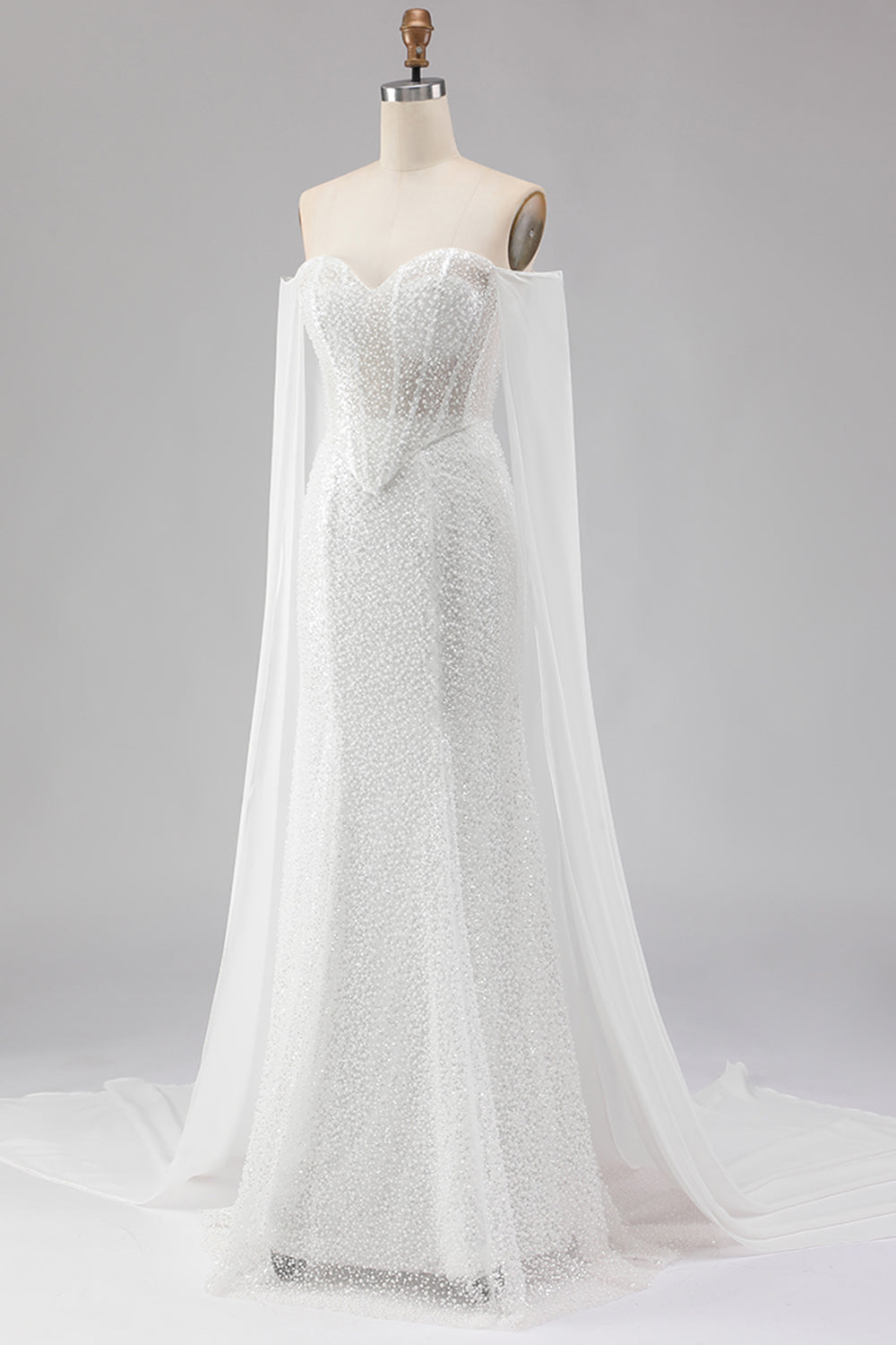 Sparkly White Mermaid Beaded Off the Shoulder Long Corset Prom Dress