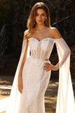 Sparkly White Mermaid Off the Shoulder Long Corset Prom Dress with Beading