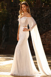 Sparkly White Mermaid Off the Shoulder Long Corset Prom Dress with Beading