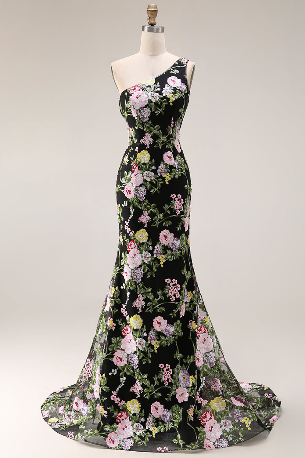 Sparkly Floral Black and Pink Sequin One Shoulder Mermaid Long Prom Dress