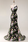 Sparkly Floral Black and Pink Sequin One Shoulder Mermaid Long Prom Dress