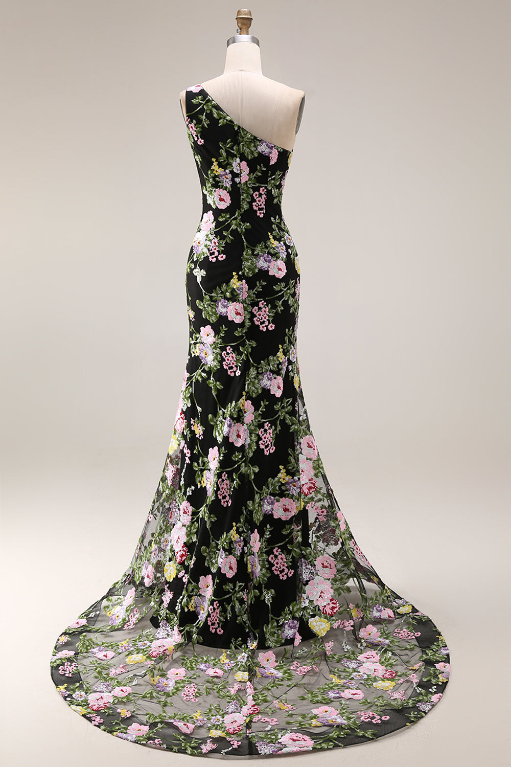 Sparkly Floral Black and Pink Sequin One Shoulder Mermaid Long Prom Dress