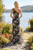 Sparkly Floral Black and Pink Sequin One Shoulder Mermaid Long Prom Dress