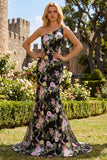 Sparkly Floral Black and Pink Sequin One Shoulder Mermaid Long Prom Dress