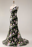 Sparkly Floral Black and Pink Sequin One Shoulder Mermaid Long Prom Dress