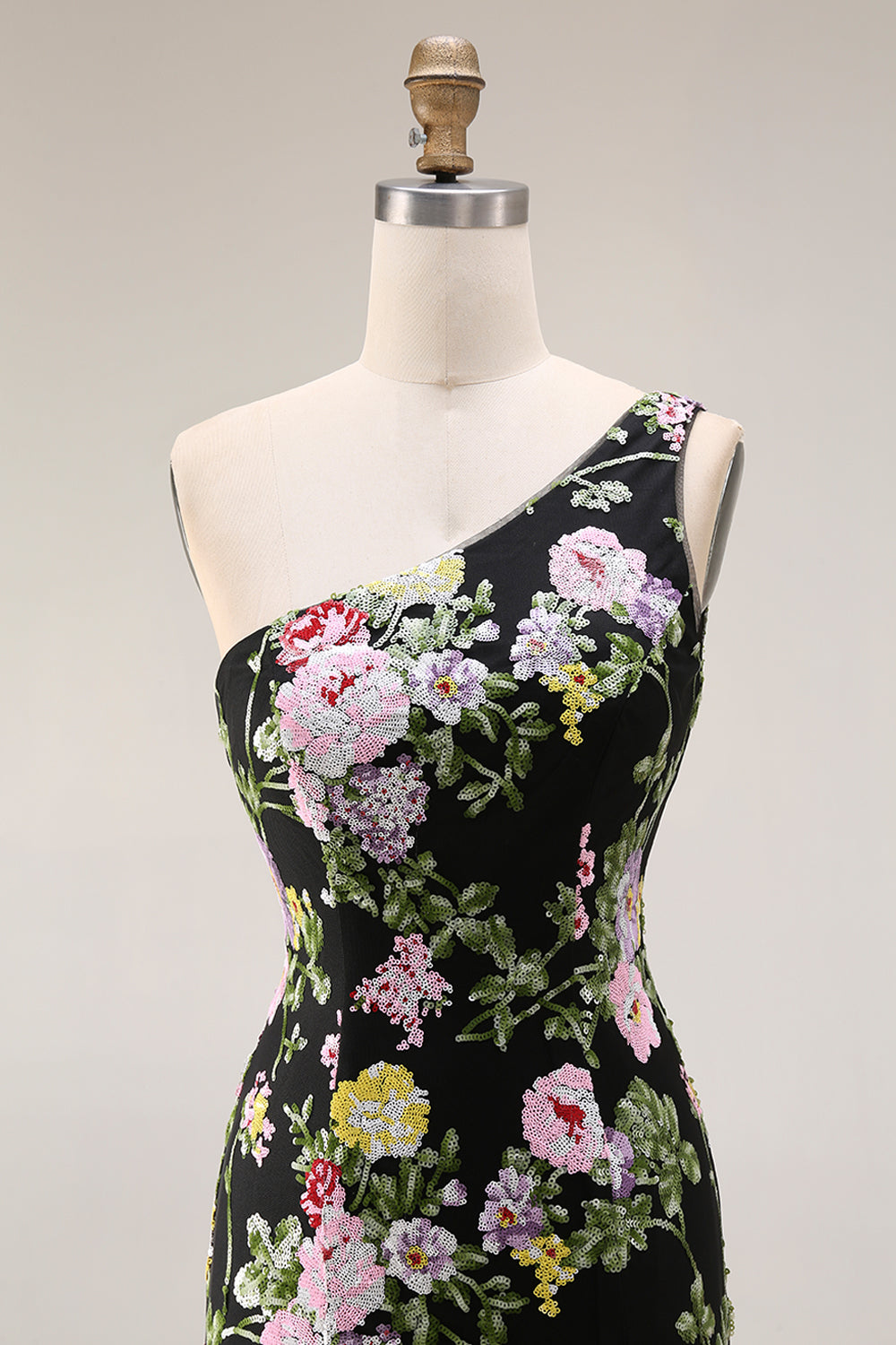 Sparkly Floral Black and Pink Sequin One Shoulder Mermaid Long Prom Dress