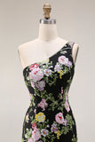 Sparkly Floral Black and Pink Sequin One Shoulder Mermaid Long Prom Dress