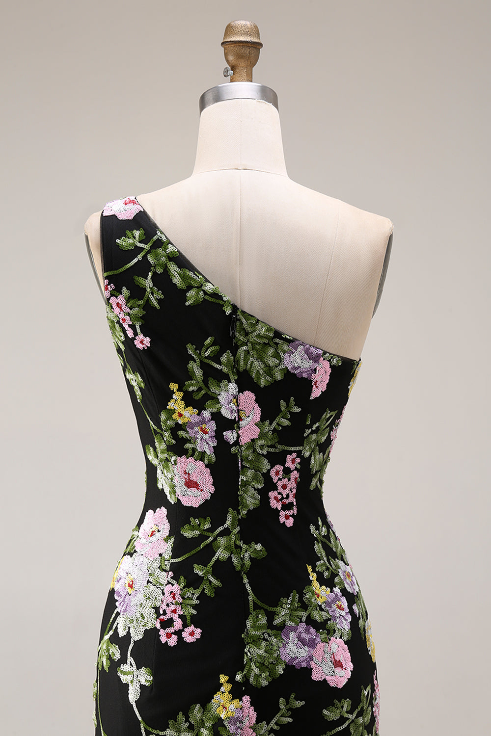 Sparkly Floral Black and Pink Sequin One Shoulder Mermaid Long Prom Dress