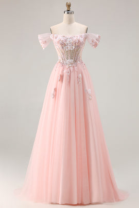 Sparkly Floral Pink A Line Tulle Long Corset Prom Dress with Beading