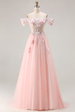 Sparkly Floral Pink A Line Tulle Long Corset Prom Dress with Beading