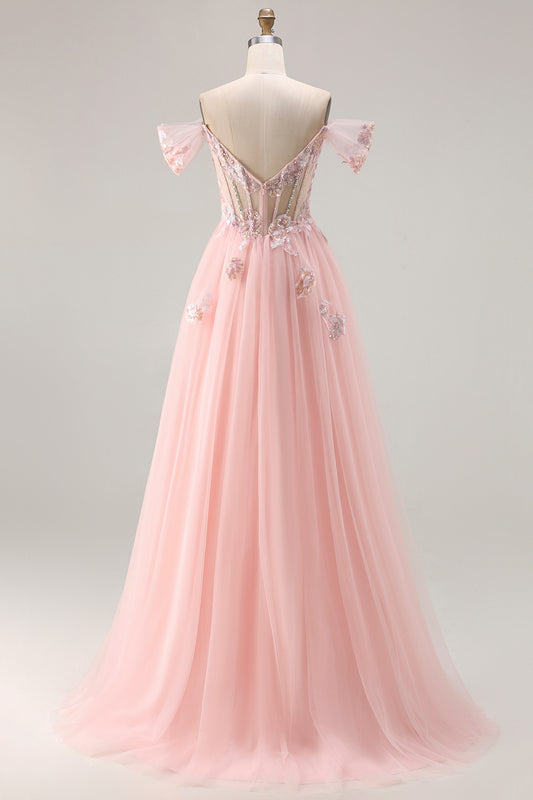 Sparkly Floral Pink A Line Tulle Long Corset Prom Dress with Beading
