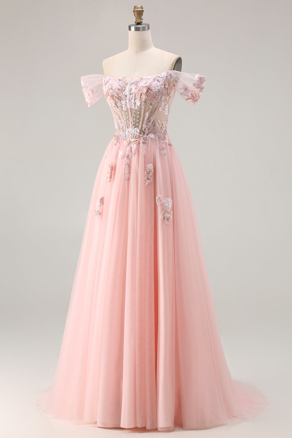 Sparkly Floral Pink A Line Tulle Long Corset Prom Dress with Beading