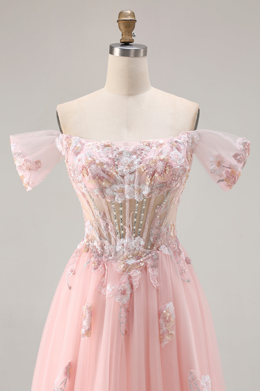 Sparkly Floral Pink A Line Tulle Long Corset Prom Dress with Beading