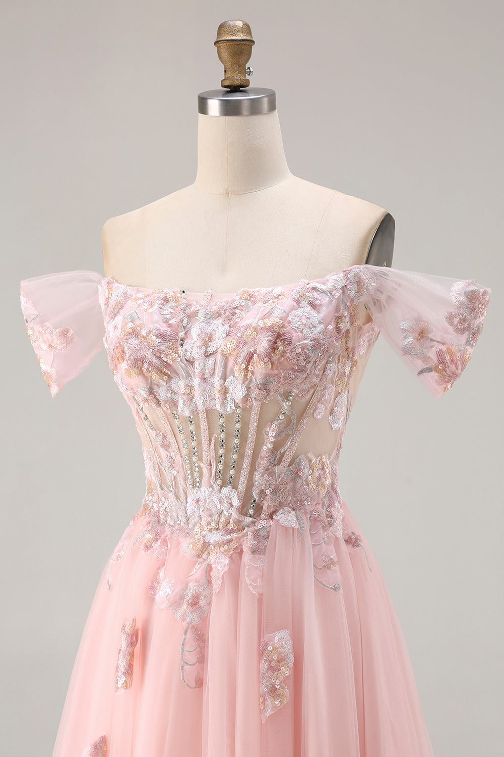 Sparkly Floral Pink A Line Tulle Long Corset Prom Dress with Beading