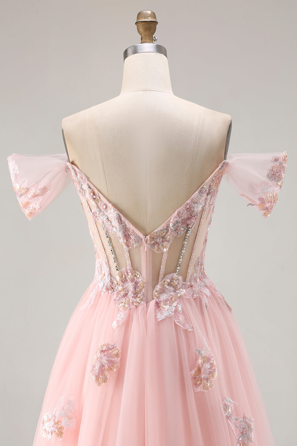 Sparkly Floral Pink A Line Tulle Long Corset Prom Dress with Beading