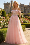 Sparkly Floral Pink A Line Tulle Long Corset Prom Dress with Beading