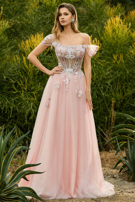 Sparkly Floral Pink A Line Tulle Beaded Long Corset Prom Dres