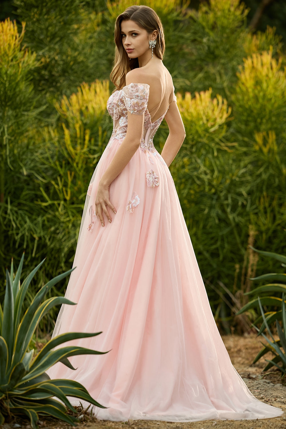 Sparkly Floral Pink A Line Tulle Beaded Long Corset Prom Dres