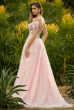 Sparkly Floral Pink A Line Tulle Beaded Long Corset Prom Dres
