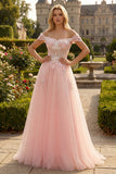 Sparkly Floral Pink A Line Tulle Long Corset Prom Dress with Beading