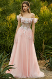 Sparkly Floral Pink A Line Tulle Beaded Long Corset Prom Dres