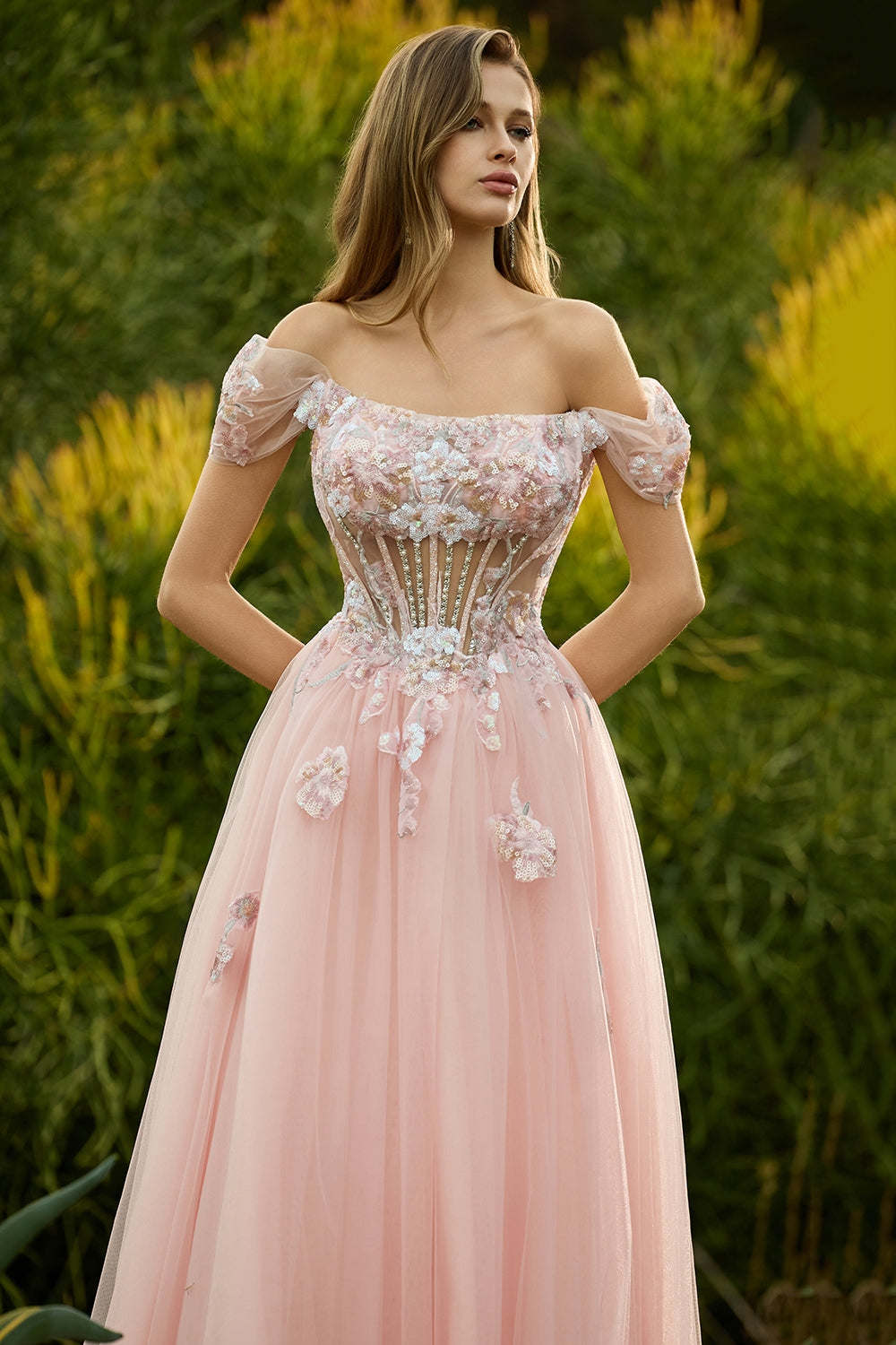 Sparkly Floral Pink A Line Tulle Beaded Long Corset Prom Dres