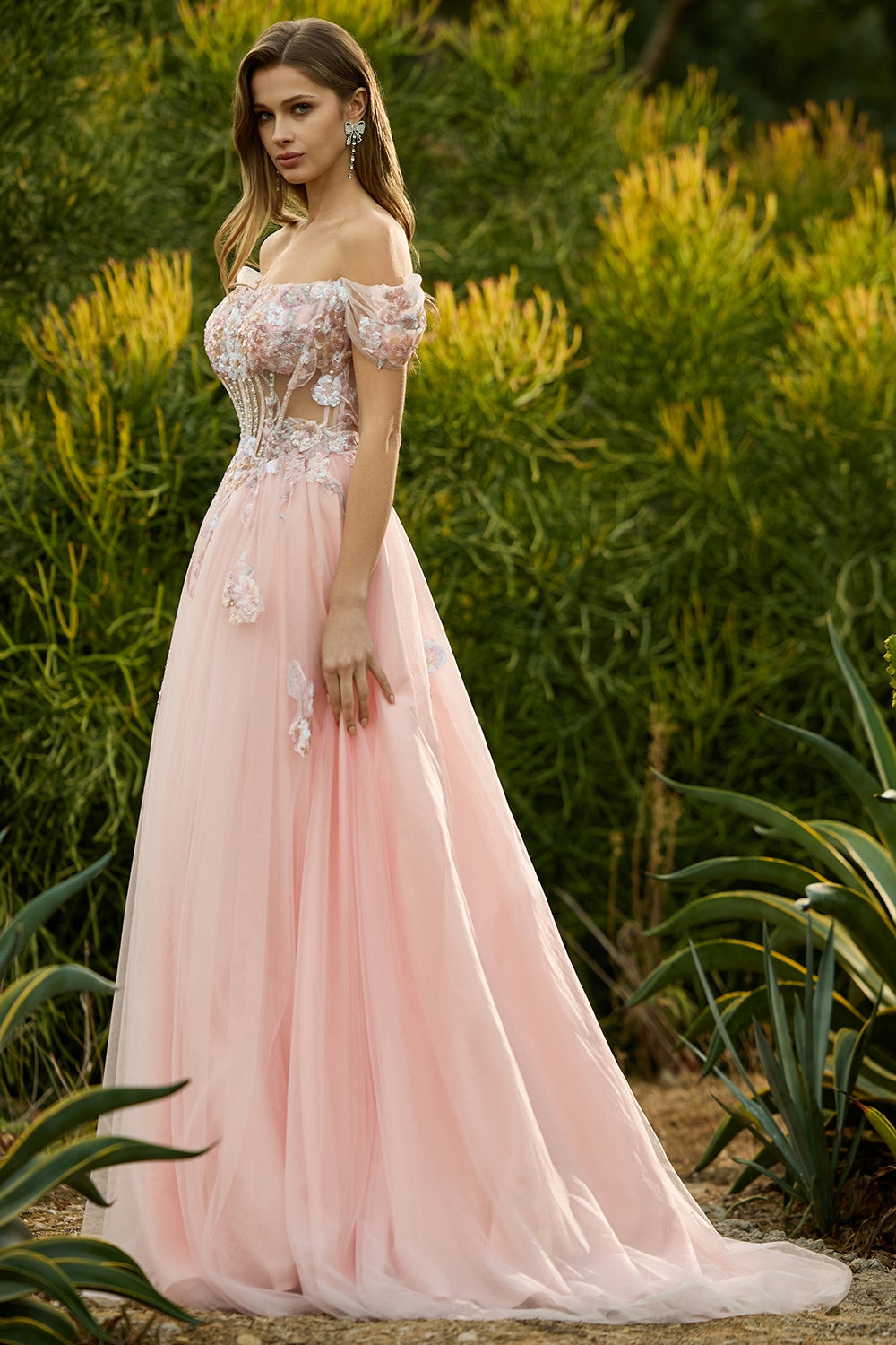 Sparkly Floral Pink A Line Tulle Beaded Long Corset Prom Dres