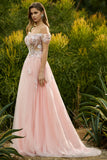 Sparkly Floral Pink A Line Tulle Beaded Long Corset Prom Dres