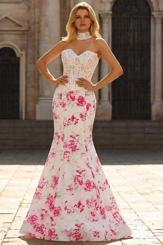 White and Fuchsia Floral Sweetheart Mermaid Long Corset Prom Dress with Lace