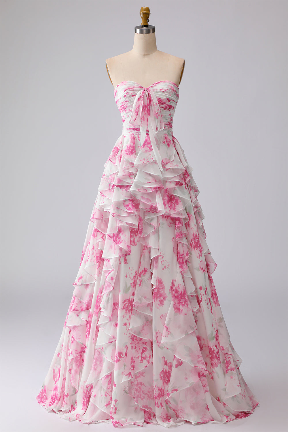 Floral White and Fuchsia Sweetheart Ruffled A Line Long Prom Dress
