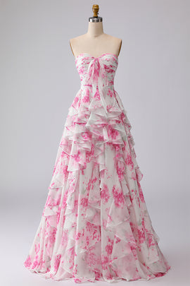 Floral White and Fuchsia Sweetheart Ruffled A Line Long Prom Dress