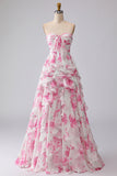 Floral White and Fuchsia Sweetheart Ruffled A Line Long Prom Dress