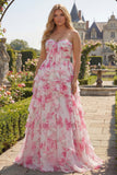 Floral White and Fuchsia Plus Size Sweetheart Ruffled A Line Long Prom Dress