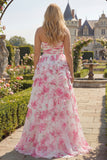 Floral White and Fuchsia Plus Size Sweetheart Ruffled A Line Long Prom Dress