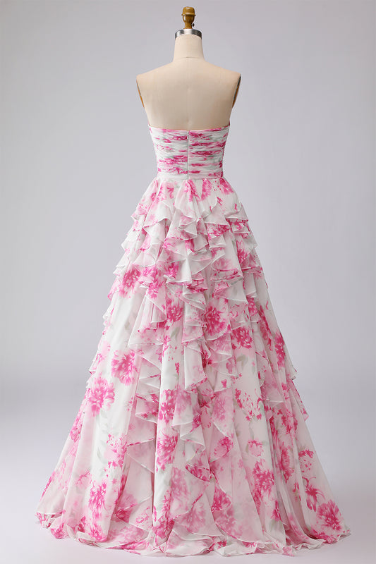 Floral White and Fuchsia Sweetheart Ruffled A Line Long Prom Dress