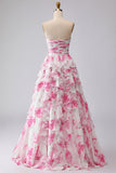 Floral White and Fuchsia Sweetheart Ruffled A Line Long Prom Dress